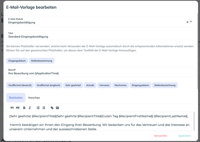 Eine E-Mail-Vorlage bearbeiten